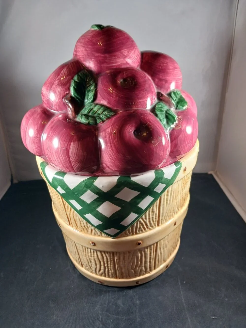Vintage 10in Tall Ceramic Apple Basket Cookie Jar